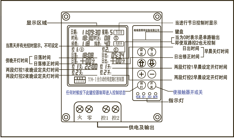 TC98-系列全自动经纬度路灯控制器. (原TC98-LCD/B系列全自动经纬度路灯控制器升级版) 正常工作温度:-25~80。 超大液晶屏幕显示,所有信息一目了然。 液晶屏幕尺寸:63mm x 63mm。 显示:反射式,无需背光,白天显示比原来蓝底白字更清晰。 操作简单、设计精美。 自动节日全夜灯功能,50组自由调整节日功能。 东、西半球和时区,更加适合全球使用。 节奏感超强的按键提示音。 3种控制方式:全夜灯、半夜灯、两段灯。 安装方式:DIN导轨安装模式和面板安装模式。